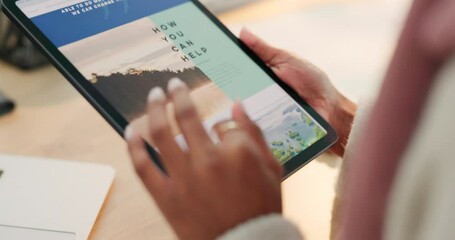 Canvas Print - Woman hands, tablet and internet browsing while scrolling on a website doing research for environmental volunteer, program or signup. Closeup of female using internet with 5g wifi network connection