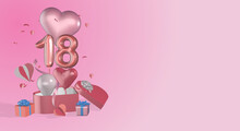 3D Render Rendered Gift Boxes Heart Balloons Ribbon Bows Balloon Numbers Numerals Suitable For 18th Birthday Or Anniversary