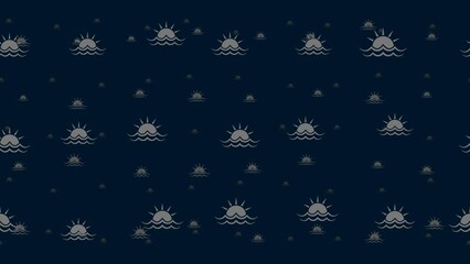 Poster - Sunrise at sea symbols float horizontally from left to right. Parallax fly effect. Floating symbols are located randomly. Seamless looped 4k animation on dark blue background