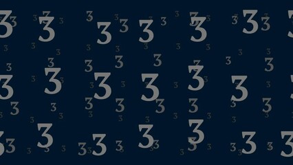 Poster - Number three symbols float horizontally from left to right. Parallax fly effect. Floating symbols are located randomly. Seamless looped 4k animation on dark blue background