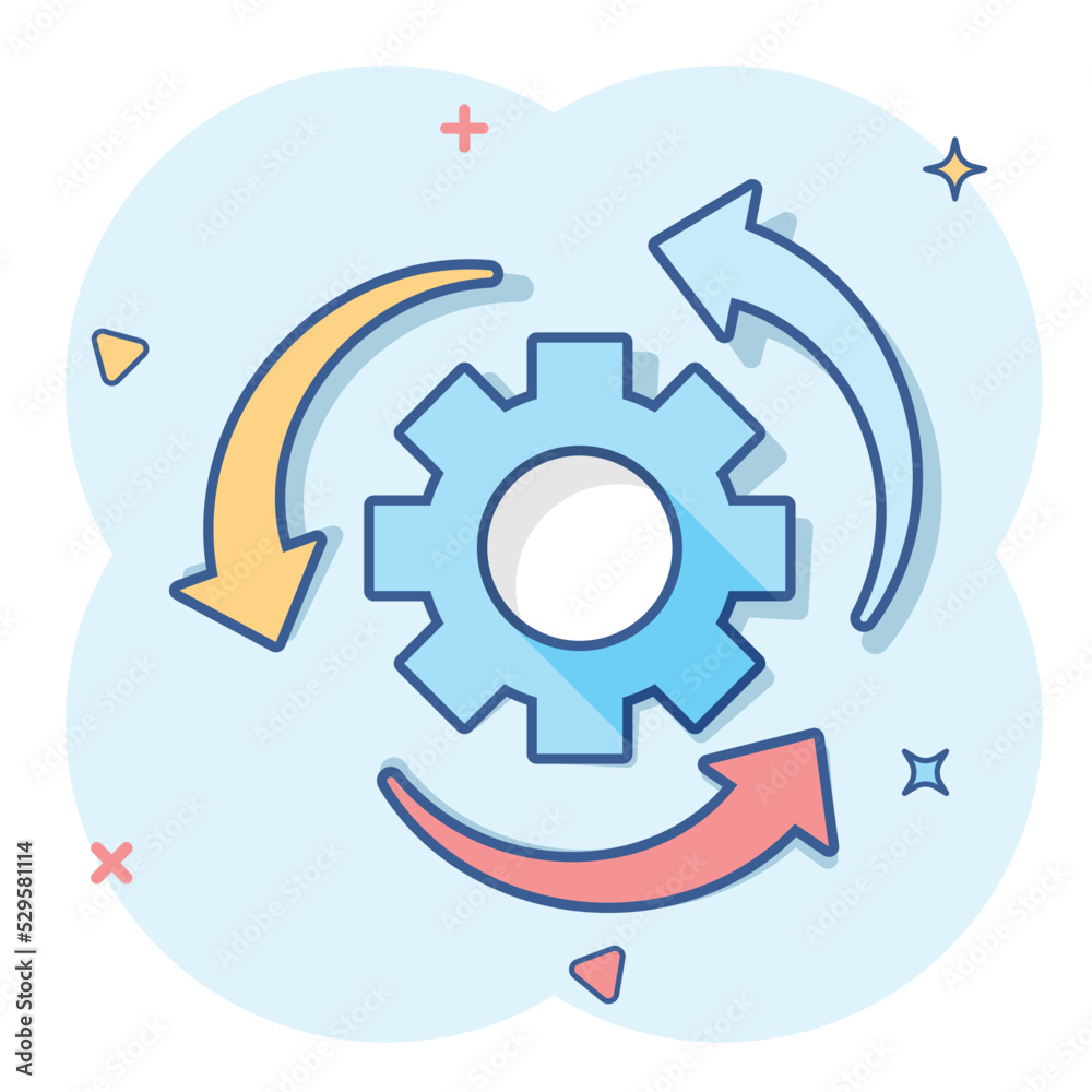 Workflow process icon in comic style. Gear cog wheel with arrows vector ...