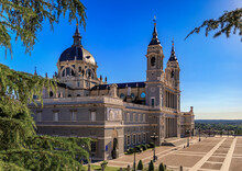 Aerial View Of The Cathedral Of Our Lady Of La Almudena And Plaza De La Armeria In Madrid, Spain, Consecrated By Pope John Paul II In 1993
