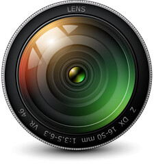 Poster - Camera photo lens 3D icon, realistic technology symbol design, vector illustration.