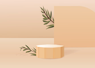 Poster - Nature product podium, beige 3d background with leaves. Minimal studio stand mockup, plants empty pedestal. Platform with spotlight, hexagon showcase. Vector modern geometric illustration