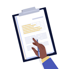 Poster - Table top view. Office worker writing on paper tablet. Cartoon characters working with infographics. Pen in arms. Clipboard with document pages. Hand on desk. Vector employee workplace