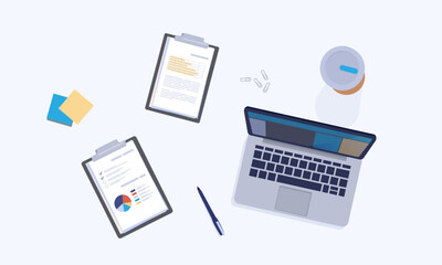 Poster - Table top view. Office workplace. Laptop on desk. Paper tablets. Electronic device. Notebook screen. Glass and stationery. Analytical report documents. Pen and note pages. Vector workspace