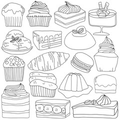 Wall Mural - Hand drawn coffee cake and dessert collection set in doodle art style on white background