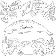 Hand Drawn Seafood Set In Doodle Art Style On White Background