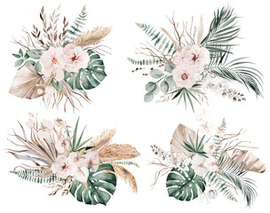 Wall Mural - Wedding boho Watercolor bouquets with beige and teal green tropical leaves and flowers illustration