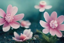 Pale Pink Flowers In Spring On A Light Blue Background 3D Illustration