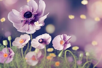 Fototapete - Flowers in delicate pastel light pink and purple colors on a summer day 3D illustration