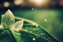 A Large Drop Of Water In Sunlight Falls On A Leaf Of A Green Plant 3D Illustration