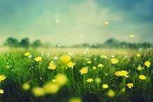 Tender Green Meadow Field With Bright Yellow Flowers On A Summer Day 3D Illustration