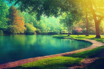 Poster - Summer landscape with green shores near a clear lake. The sun's rays break through the trees 3D illustration