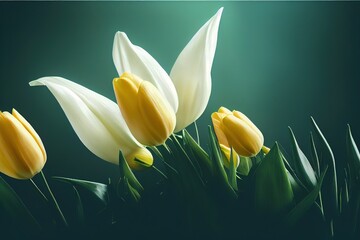 Aufkleber - Bouquet of beautiful yellow tulips on a gently green blurred background 3D illustration
