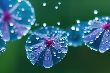 Poster - Beautiful drops of morning dew drip on the petals of delicate blue flowers, 3D rendering