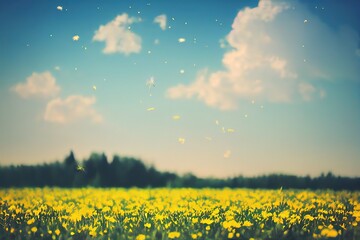 Poster - Beautiful meadow field with green grass and yellow flowers and blue sky with clouds 3D illustration