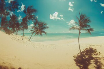 Poster - Beach with white sand, green palm trees near sea water and blue sky with clouds, 3D rendering
