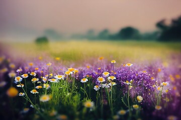 Poster - Field daisies, purple flower petals in the morning in nature , 3D rendering