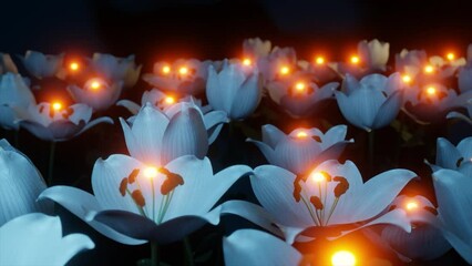 Wall Mural - Magic glowing flowers unfolding and blossoming at night in fantasy garden