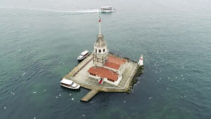 Wall Mural - Aerial view of the Maiden's Tower on the sea, accompanied by the magnificent view of Istanbul and the chirping of birds.