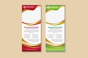 Poster - abstract modern business roll up banner template for reliable networks. red, gold and blue colors banners design. space for photo collage and text. vertical layout advertising for web design vector.