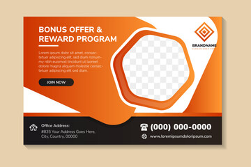 bonus offer and reward program banner. Horizontal layout vector background template for page covers, flyers, leaflets or advertising billboards. hexagon space for photo and text. white background. 