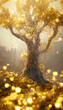 Golden tree fantasy illustration. Beautiful abstract background