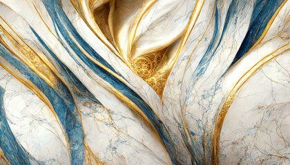 Wall Mural - Abstract luxury marble background. Digital art marbling texture. Blue, gold and white colors
