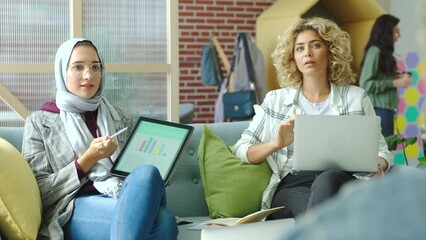 Poster - Women team with tablet presentation for CEO of diversity, creative digital global company or marketing agency. Business meeting, teamwork planning and partnership of success web design management