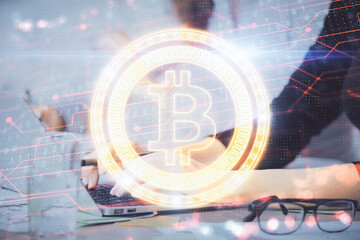 Aufkleber - Double exposure of woman hands typing on computer and crypto market theme hologram drawing. Blockchain concept.