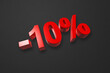 10% off discount offer. 3D illustration isolated on black. Promotional price rate