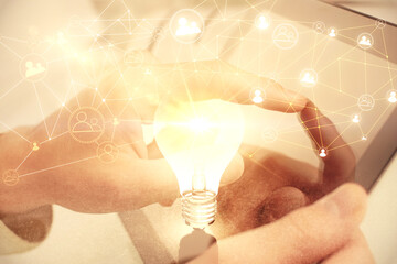 Poster - Double exposure of man's hands holding and using a phone and social network theme drawing.