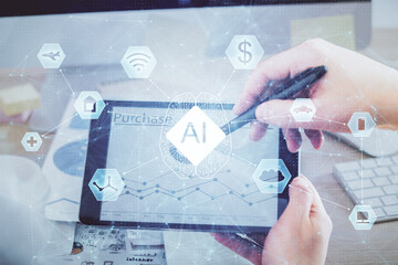 Aufkleber - Multi exposure of man's hands holding and using a digital device and data theme drawing. Innovation concept.