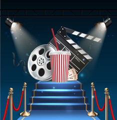 Wall Mural - 3d realistic vector icon illustration. Movie night concept background. With film roll, popcorn bucket and film clapping board.