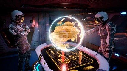 Wall Mural - astronauts in the spacecraft control room selecting a landing site for their ship. the concept of th