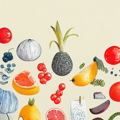 Sticker - Fresh stylish illustration with abstract elements, doodles and fruits. High quality 3d illustration