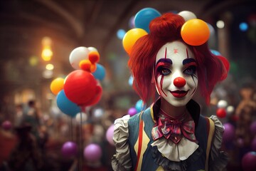 Portrait of a beautiful clown girl, 3d render