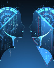 Artificial Intelligence. Technical background with a silhouette of a man. Big data concept. Machine cyber mind.