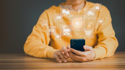 Poster - Adult man using a mobile phone order in online store, shopping on internet, concept mobile smart phone app.