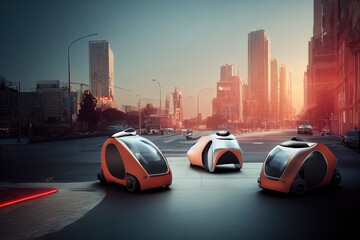 orange futuristic taxi's in future city. High quality 3d illustration