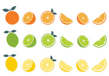 Big Vector Set Of Citrus Fruits.Orange,lemon And Lime Icons On White Background
