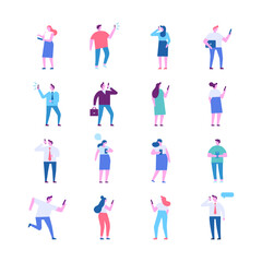 Poster - Tiny People silhouette holding phone in hand flat vector set