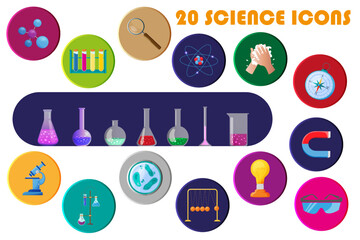 twenty chemistry science icon set. lab icon set with glowing colorful chemistry tubes, atom, cell, m