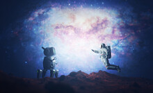 Astronaut And Robot Or Artificial Intelligence Meet On Alien Planet.