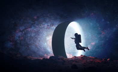 Wall Mural - astronaut on alien planet entering spacetime portal light