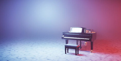 Wall Mural - Classic grand piano keyboard in neon spotlight