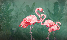 3D Wallpaper , Green Background With Transperant Tropical Leaves , Two Pink Flamingos 