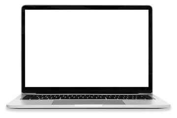 front view of a moder generic silver laptop with a blank white screen and isolated on a transparent 