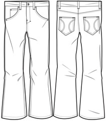 Wall Mural - Men Boot Cut Denim, Flared Trouser, Pant Front and Back View fashion illustration vector, CAD, technical drawing, flat drawing.	
